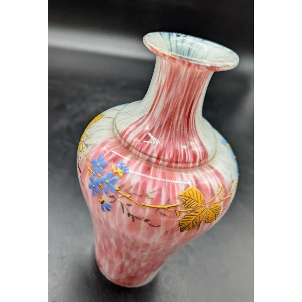 Vintage Bohemian Czech Art Glass Cased Pink Blue Vase Gold Leaf Enamel 6